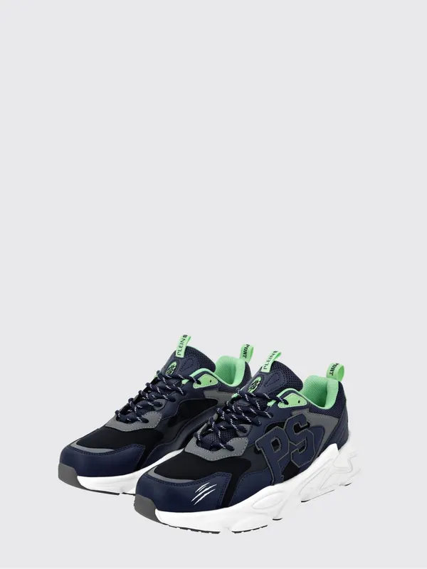 Plein Sport Low-Top Sneakers in Leather and Mesh with Contrast Monogram Blue (SADSUSC0611STE003N7214)