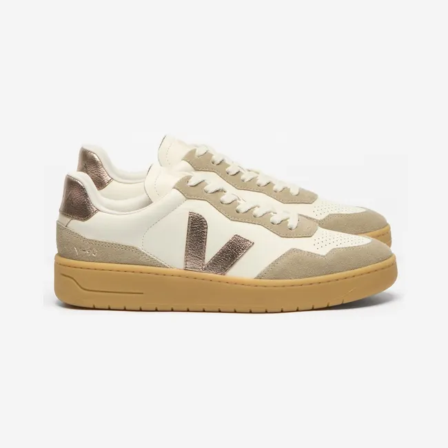 Veja V-90 Sustainable O. T. Leather Sneakers with Contrast Logo Cream (VD2021724)