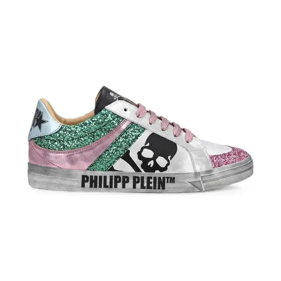 Philipp Plein aus Nappaleder mit Totenkopf im Glitter-Look “Silver” (UAFSWSC2589PLE010N)