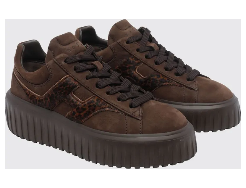 Hogan H-Stripes Platform Sneakers in Leather and Pony Hair with Animal Print Brown (HXW6450FE9AVH80R1D)