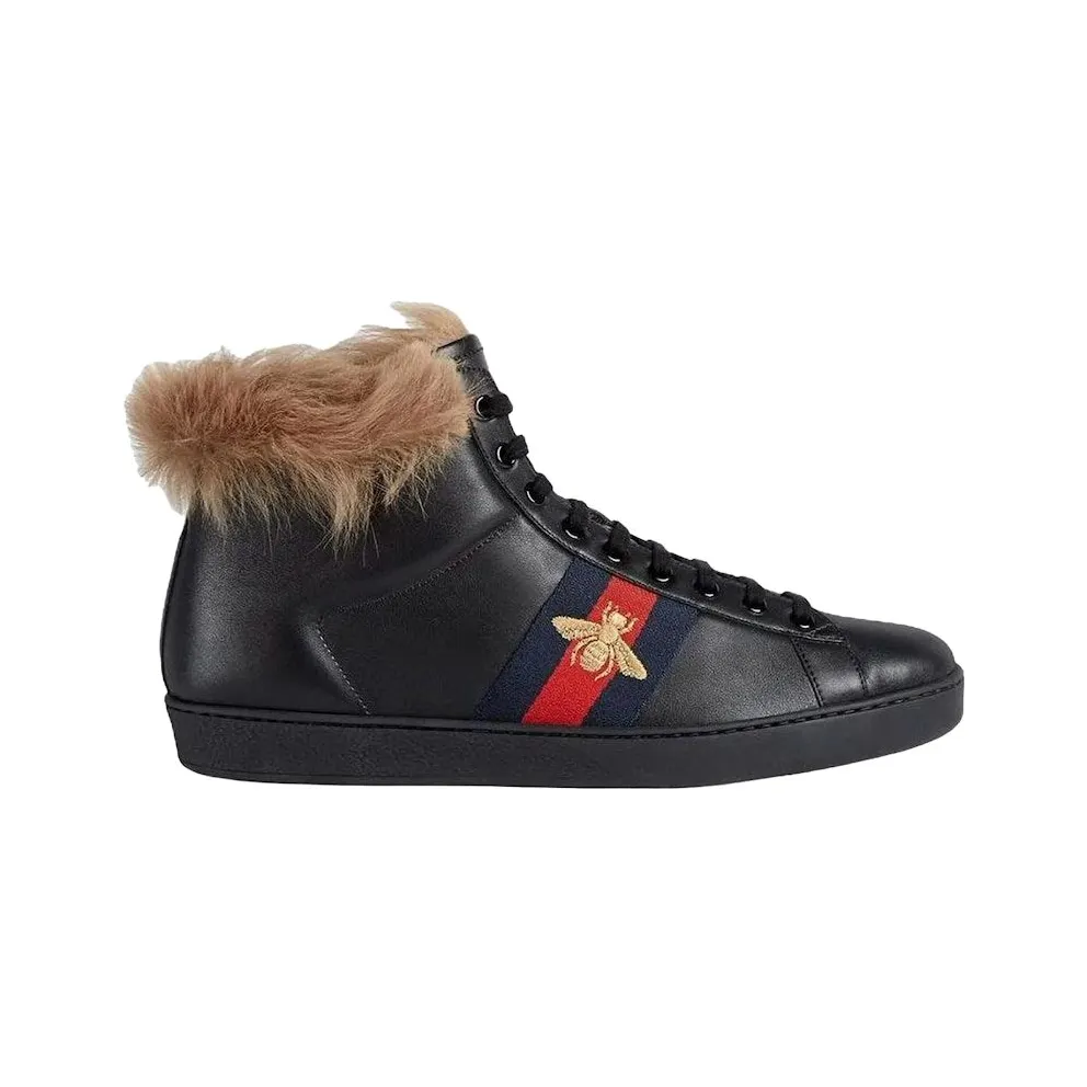 Gucci Ace Stripe High-Top Black Fur (497367 0FI50 1093)