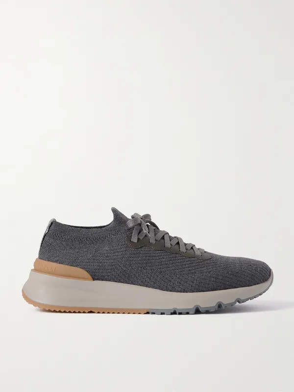 Brunello Cucinelli Leather-Trimmed Stretch-Knit Sneakers Beige (MZUWLBO253)