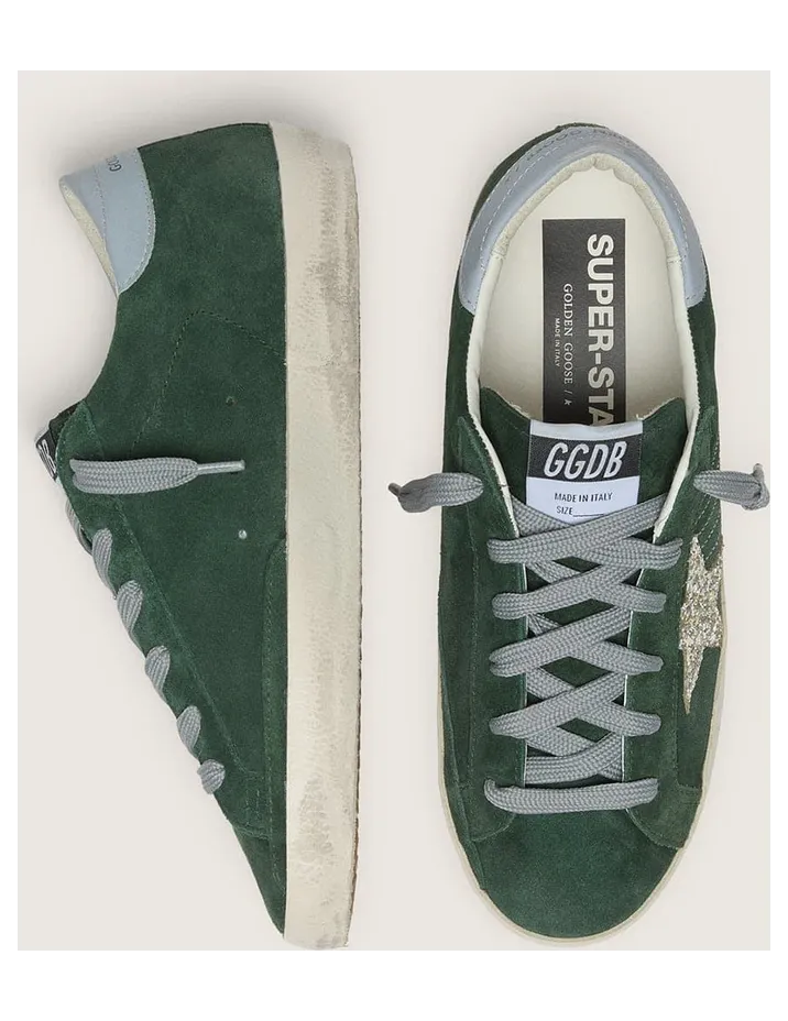 Golden Goose Super-Star In Green Suede, Silver Glitter Star And Leather Heel Tab (GWF00101.F007200.35923) (3)