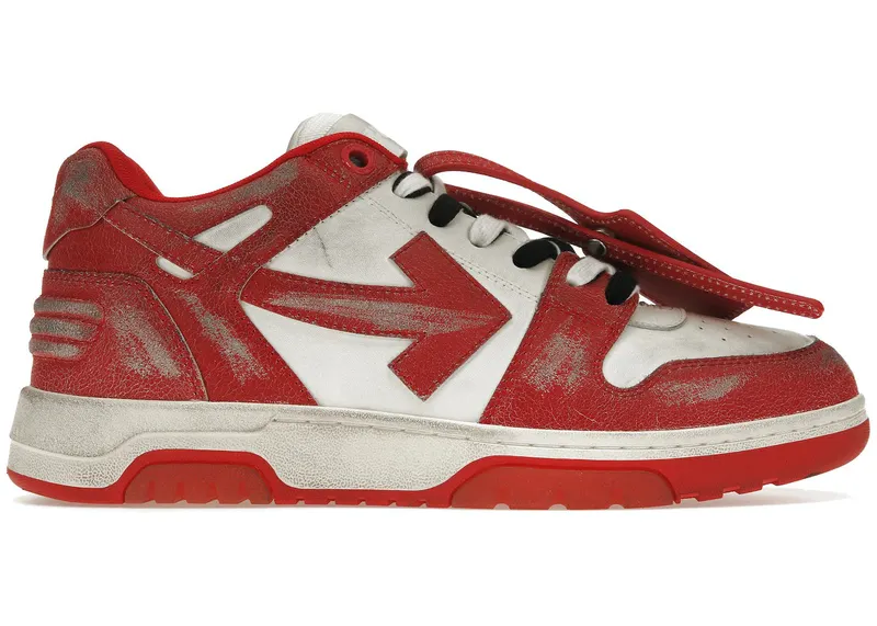 OFF-WHITE Out Of Office OOO Low Tops Red White Vintage Distressed Leather (OMIA189F22LEA0110125)