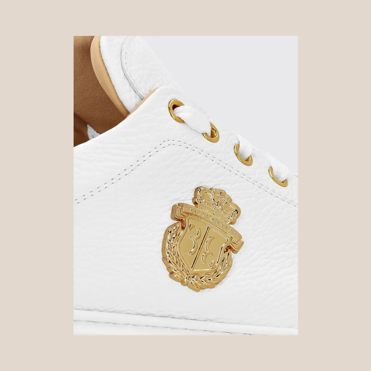 Billionaire Grained Leather Low-Top Trainers with Applied Logo and Rubber Sole White (RAESMSC4065BLE001N01) (3)