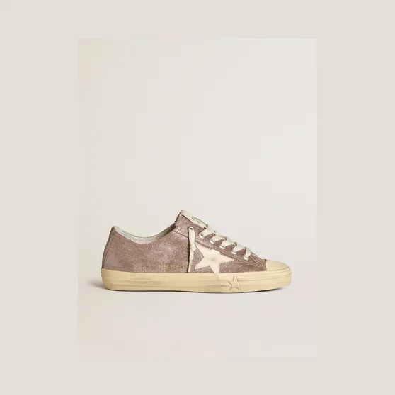 Golden Goose V-Star In Light Brown Metallic Suede With Cream Leather Star (GWF00129.F006549.55629)