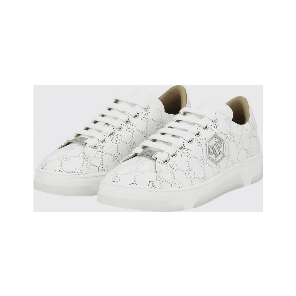 Philipp plein Low-Top Leather Sneakers with Rhinestone Hexagon Logo White (PAESUSC0770PLE010N01)