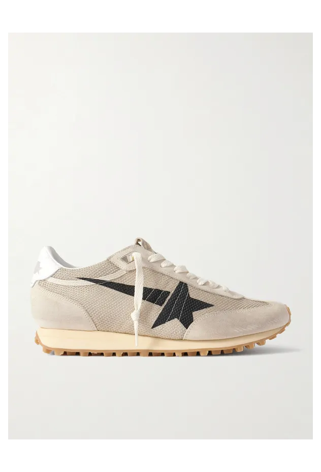 Golden Goose Marathon Distressed Suede-Trimmed Printed Mesh Beige (GMF00683.F007840)