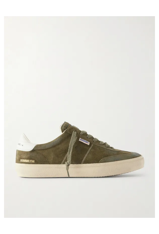 Golden Goose Soul Star Leather-Trimmed Distressed Suede Army green (GMF00464.F008346)