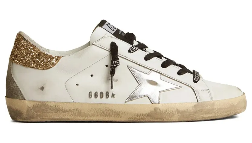 Golden Goose Super-Star aus weißem Leder mit glitzerndem Absatz (GWF00102F001460)