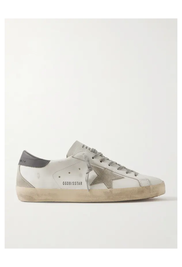 Golden Goose Super-Star Distressed Suede-Trimmed Leather White (GMF00102.F006113)