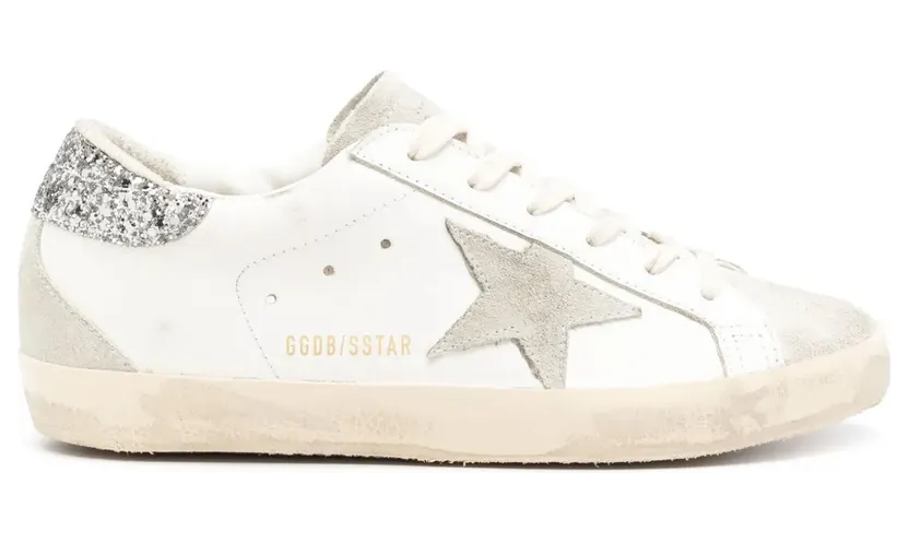 Golden Goose Super-Star mit grauem Stern und silberfarbenem Glitter-Absatz – White (GWF00102F004712)
