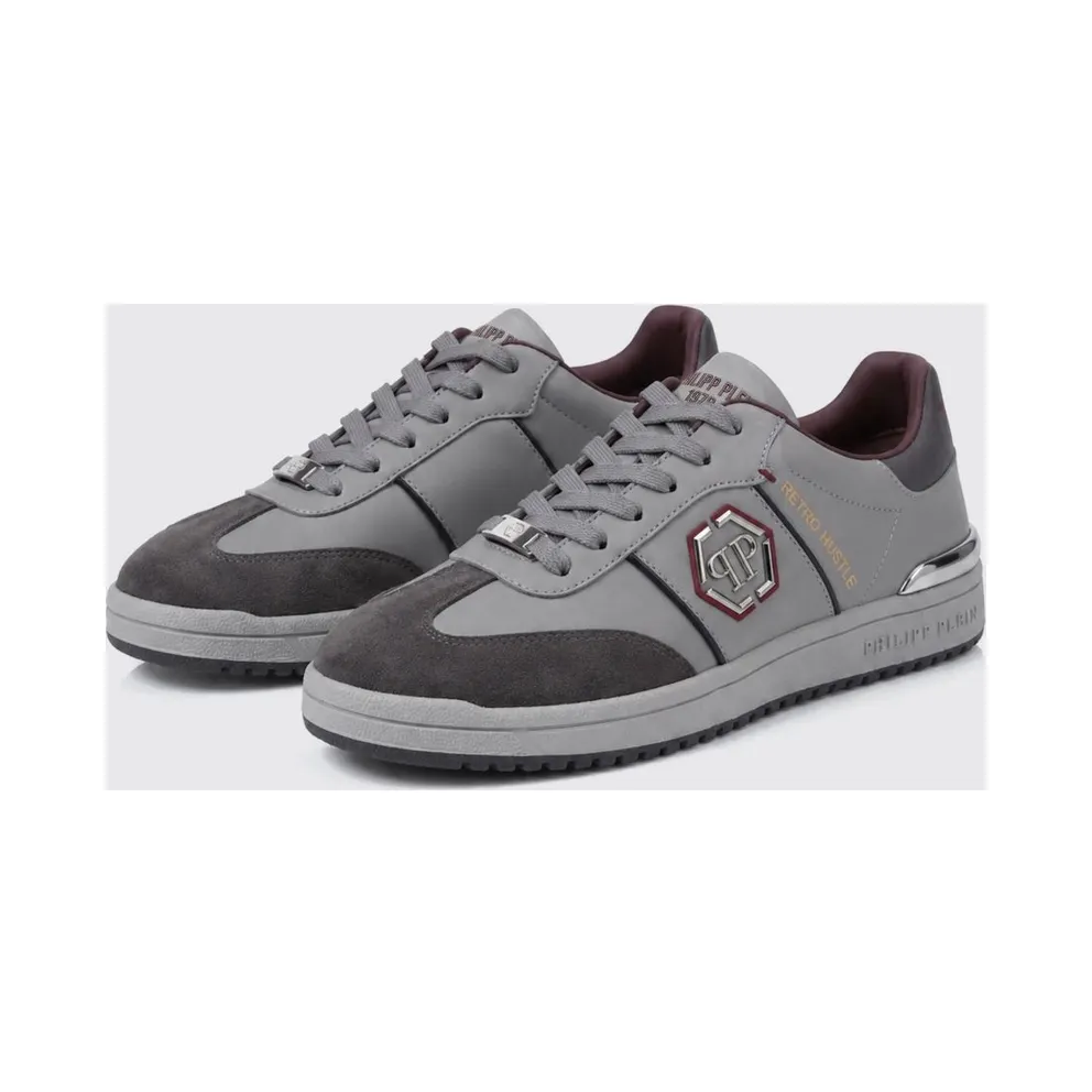 Philipp plein Retro Hustle Leather Sneakers with Hexagon Logo Grey (AAFSUSC1062PLE022N10)