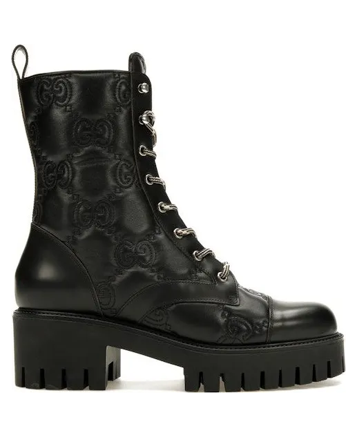 Gucci GG 70mm Quilted Lace Up Boots Black Leather (718386 DS8U0 1000)