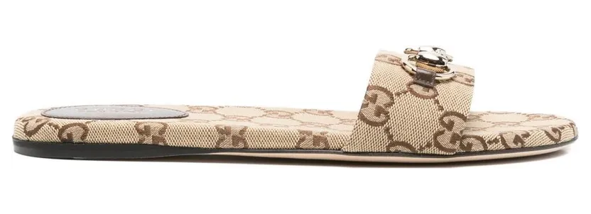 Gucci Horsebit Slide Sandal Beige Dark Brown GG Canvas
