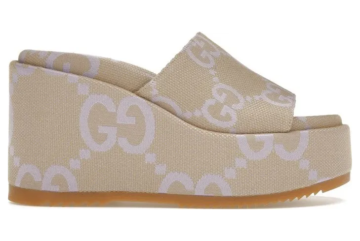 Gucci Jumbo GG Platform Slide Sandal Beige Light Blue Canvas (730047 UKO00 8803)