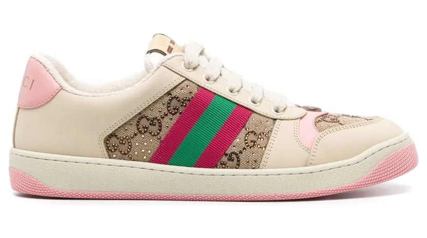 Gucci Screener Beige Dark Brown Pink GG Canvas Crystals