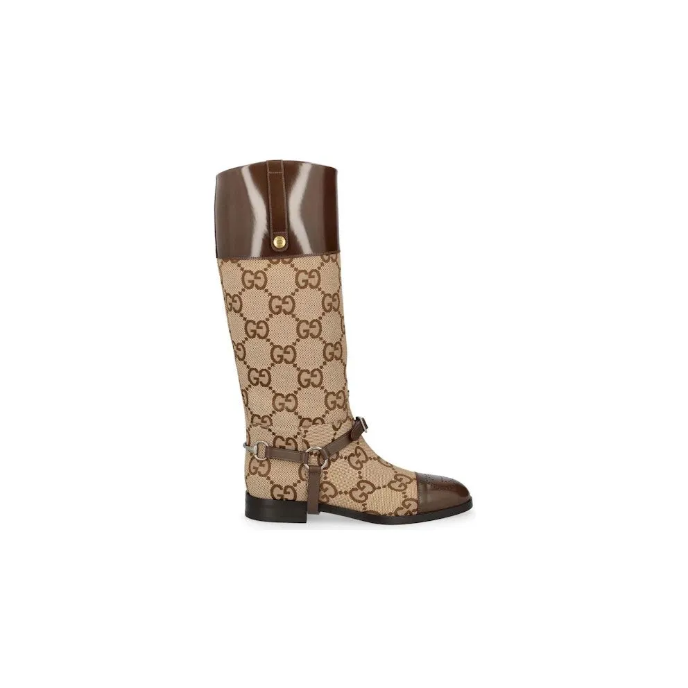 Gucci GG Round Toe Knee-High Boots Beige Brown (674673 UK050 2597)