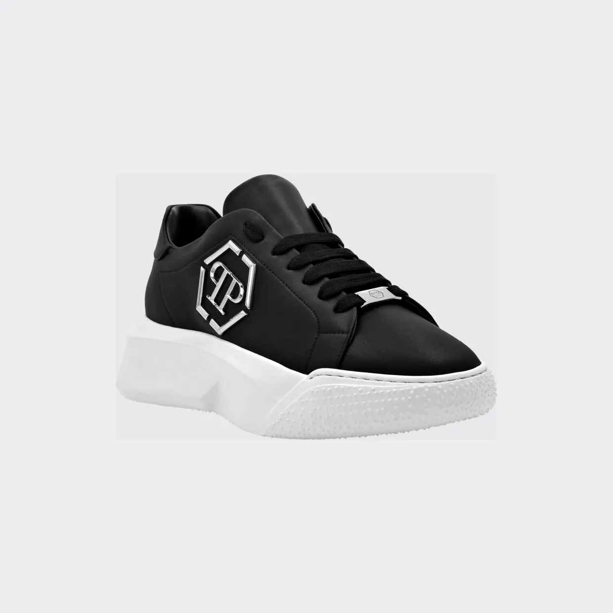 Philipp plein Smooth Leather Low-Top Sneakers with Monogram and Hexagon Logo Black (UABSUSC0348PLE075N02)