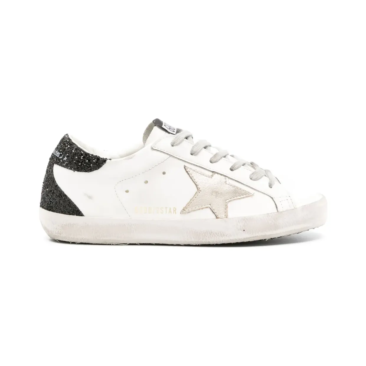 Golden Goose Super-Star mit goldfarbenem Stern und schwarzem Glitter-Absatz “White” (GWF00102F005076)