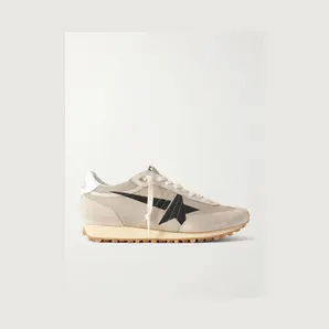 Golden Goose Marathon Distressed Suede-Trimmed Printed Mesh Sneakers Beige (GMF00683.F007840)