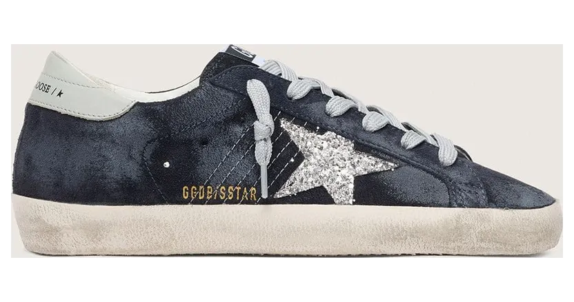 Golden Goose Women’S Super-Star In Blue Suede With Silver Glitter Star And Leather Heel Tab (GWF00101.F007201.50918)