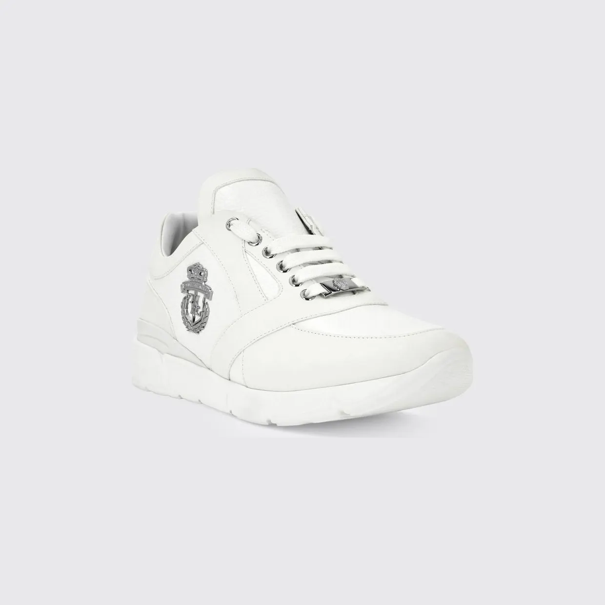 Billionaire Crest Runner Sneakers in Smooth and Grained Leather with Metallic Logo White (RAESMSC2890BLE001N01)