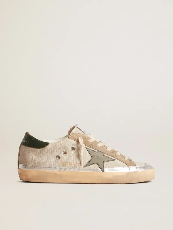 Golden Goose Super-Star In Gray Canvas With A Green Leather Star And Heel Tab (GWF00484.F005943.60521)
