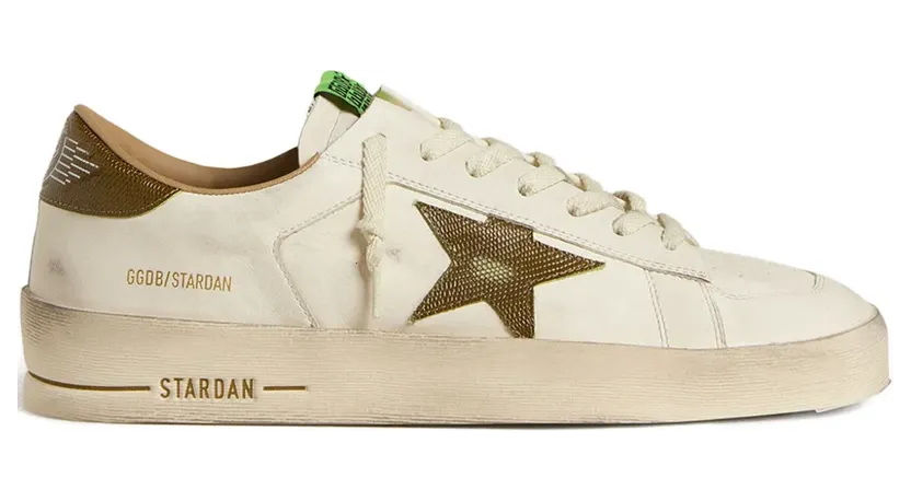 Golden Goose Stardan van White leer met legergroene leren hiellus en ster met slangenprint “Beige” (GMF00667F007555)
