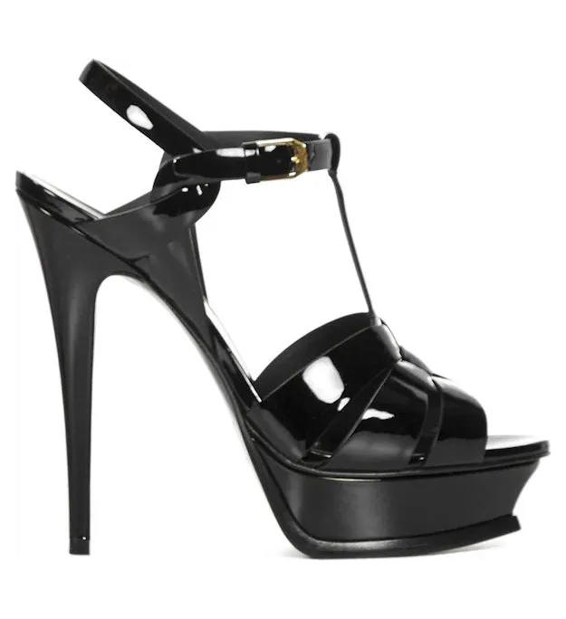 Saint Laurent Tribute Platform Sandal Heels Black Patent Leather (315487B8I001000)