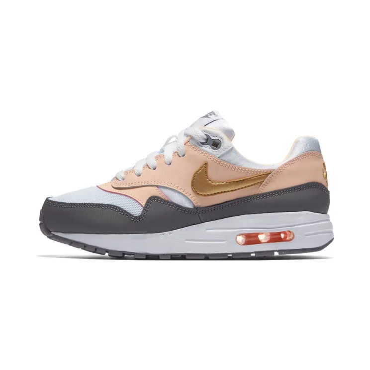 Nike Air Max 1 ‘Crimson Tint’ (GS) (2019) “White / Gunsmoke / Crimson Tint / Metallic Gold” (807605-104)