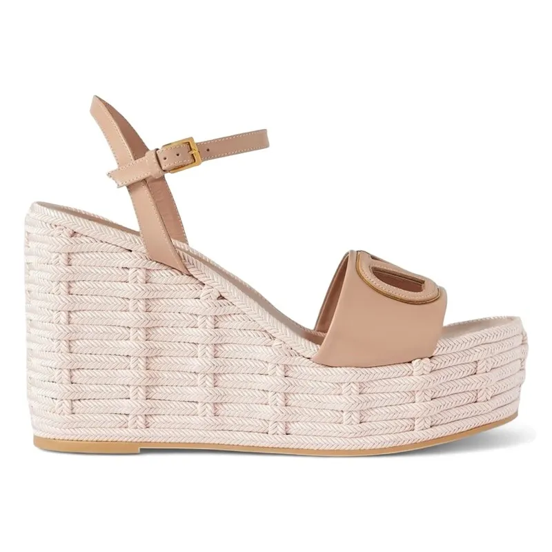 Valentino Garavani V Logo Cut-Out Leather Wedge Sandals Rose (4W2S0IJ6 SGB YHA)