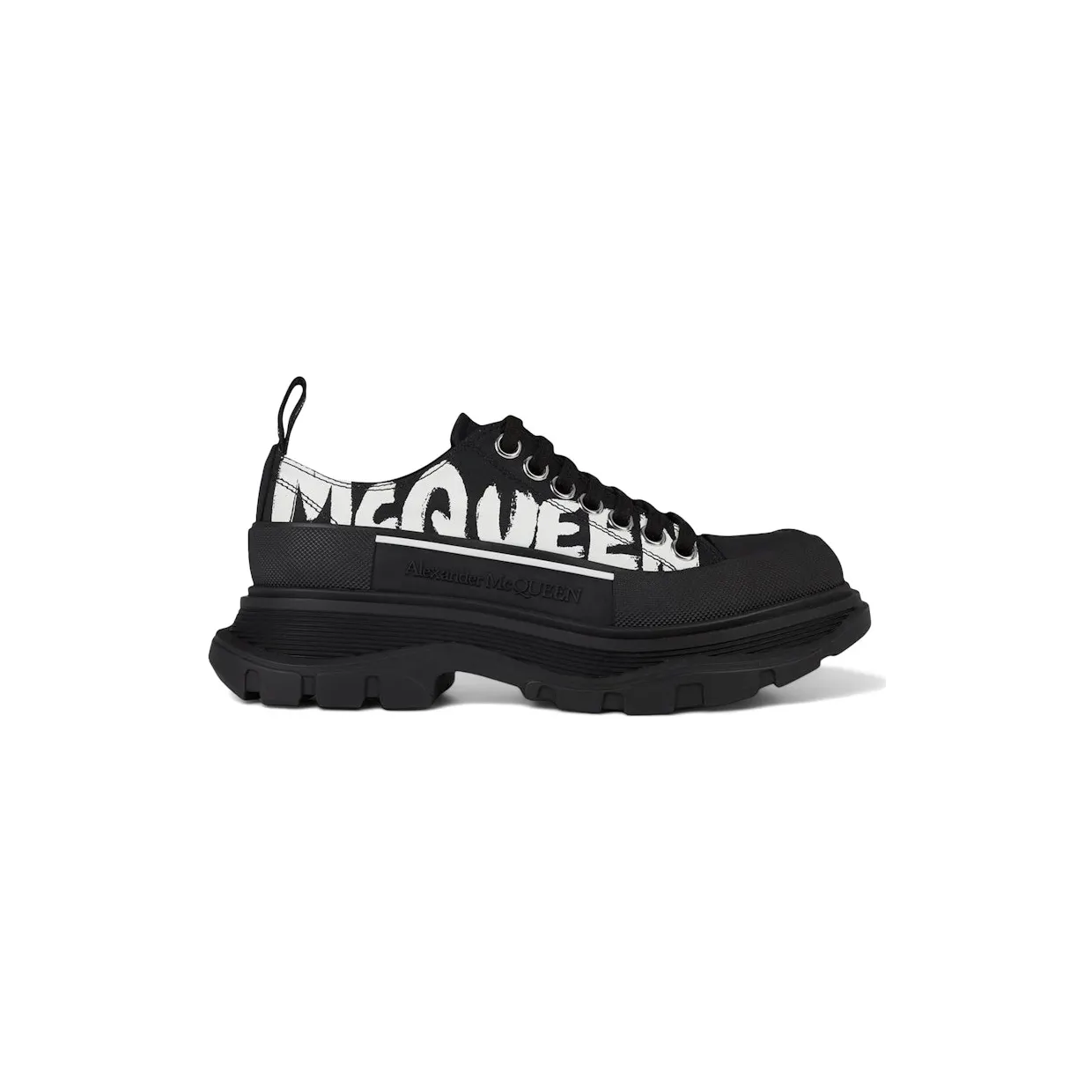 Alexander McQueen Tread Slick Low Lace Up McQueen Graffiti Logo Black White (708753 W4RQ2 1006)