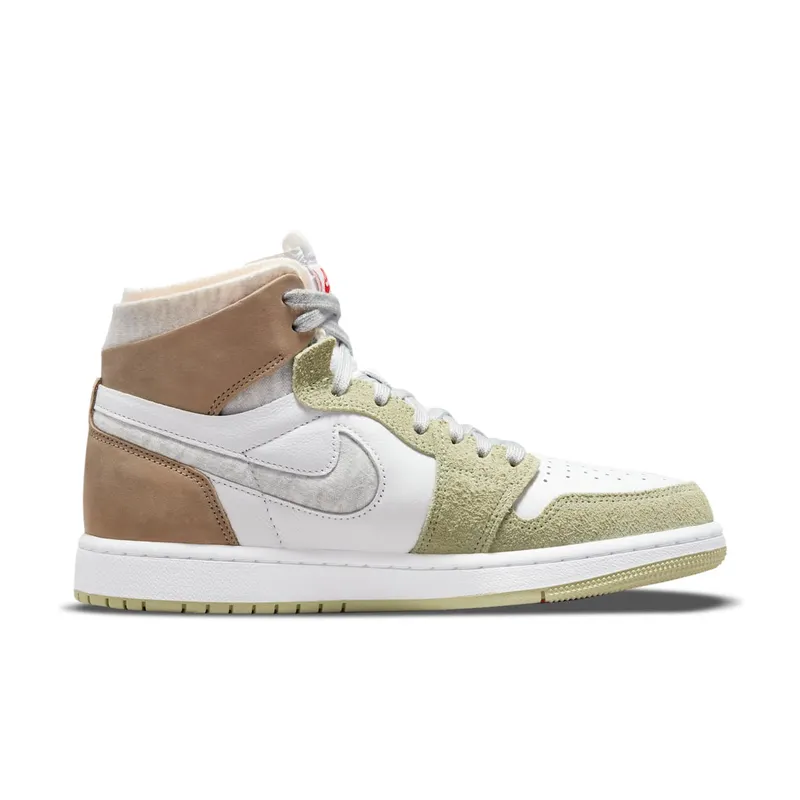 Jordan 1 High Zoom CMFT Olive Aura (W) – “White / Grey Heather-olive Aura-khaki” (CT0979-102)
