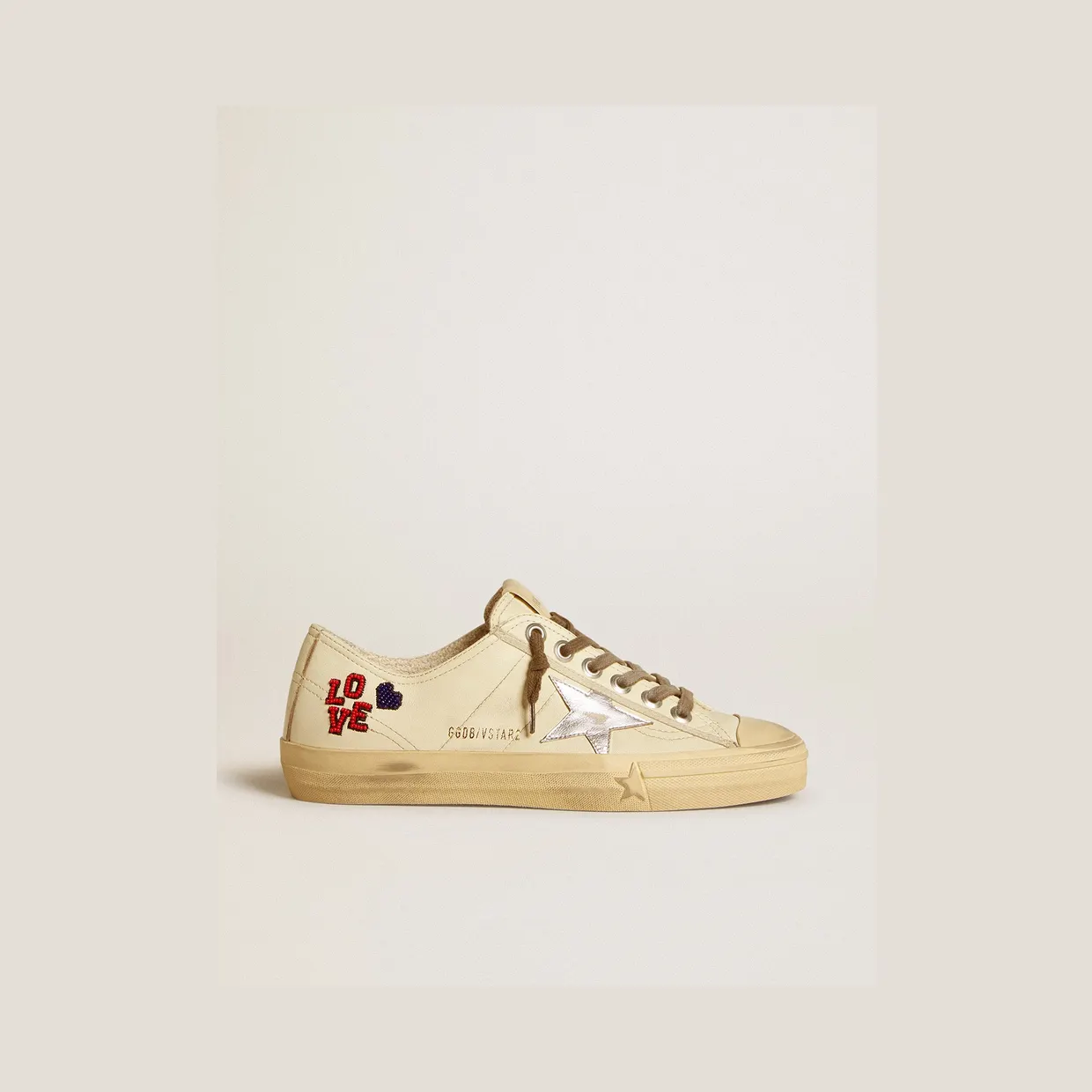 Golden Goose V-Star In Ecru Nappa With Silver Nappa Star And Beaded Embroidery (GWF00129.F006650.11548)