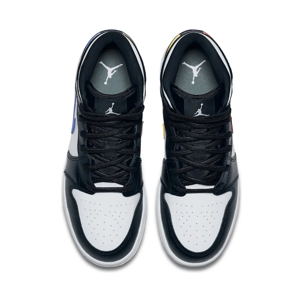 Jordan 1 Mid Multi-Color Swoosh (GS) Black/White-University Red-Tour Yellow (554725-052)