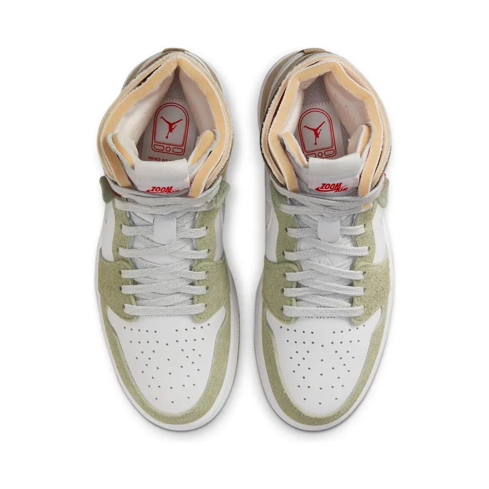 Jordan 1 High Zoom CMFT Olive Aura (W) – “White / Grey Heather-olive Aura-khaki” (CT0979-102)