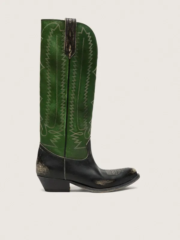 Golden Goose High Wish Star Boots In Black Leather With Green Leather Leg And White Embroidery (GWF01053.F008200.35684)