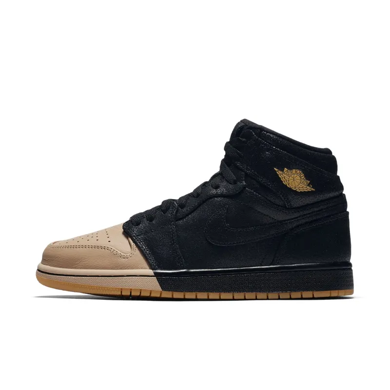 Air Jordan Womens Nike AJ I 1 Retro High Premium PRM ‘Dipped Toe Pack’ Black Tan (2018) (AH7389-007)