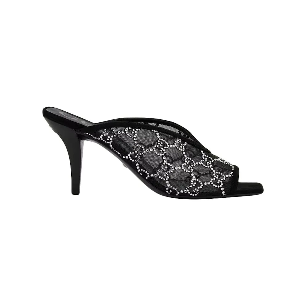 Gucci GG Crystal 75mm Heeled Sandal Black Mesh (695219 F13A0 1000)
