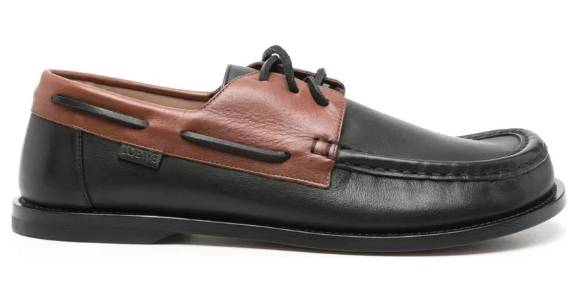 Loewe Campo Leather Boat Shoes Dark Caramel / Black