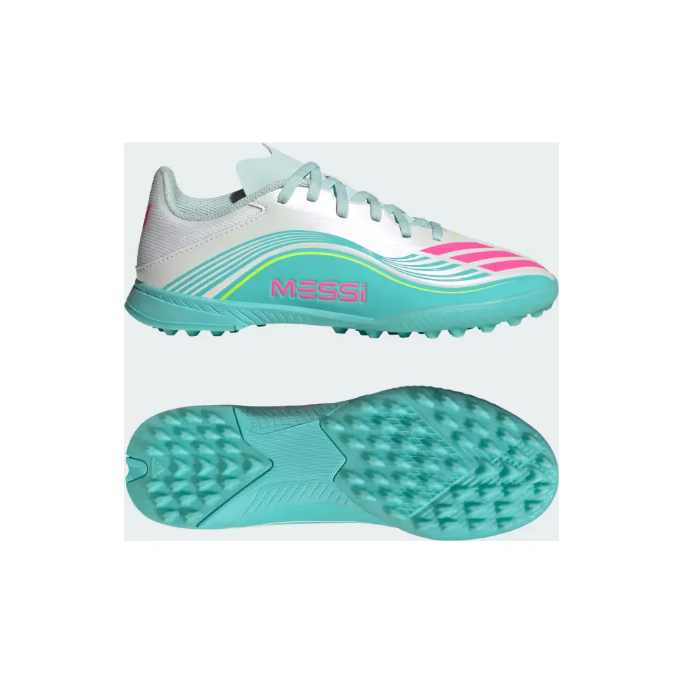 adidas F50 Messi League Turf Football Shoes Kids “Cloud White / Lucid Pink / Flash Aqua” (JQ0944)