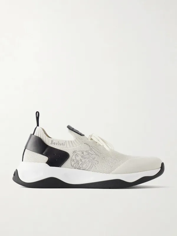 Berluti Shadow Logo-Embroidered Leather-Trimmed Stretch-Knit White (S6610-008)
