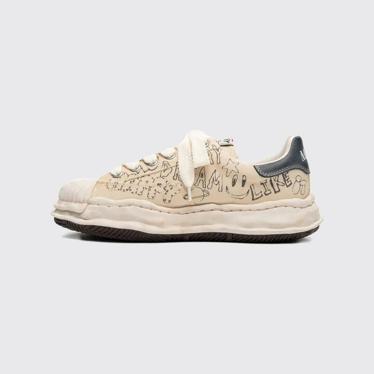 Maison Mihara Yasuhiro Blakey OG Used Effect Printed Cotton Canvas Sneakers White (A16FW730WHITE) (2)