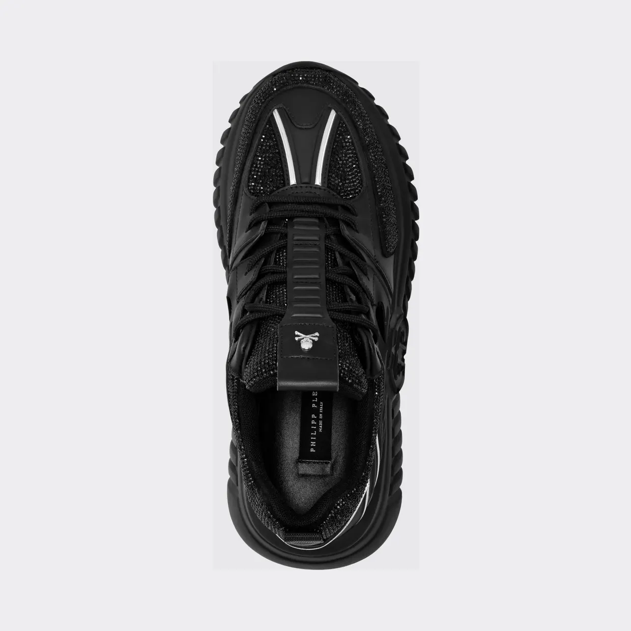 Philipp plein Leather Low-Top Sneakers with Rhinestones and Hexagon Logo Black (PACSUSC0463PLE075N02) (3)
