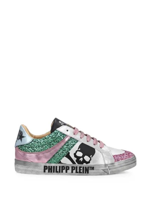 Philipp Plein Sneakers aus Nappaleder mit Totenkopf im Glitter-Look – Silber (UAFSWSC2589PLE010N)