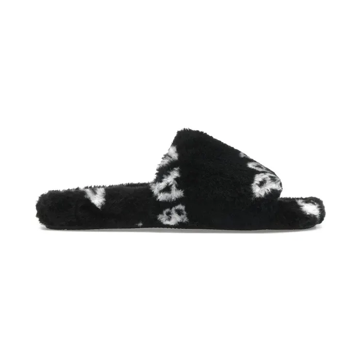 Balenciaga Furry Slide Fake Fur Logo Allover Black White (654747 W2B41 1090)