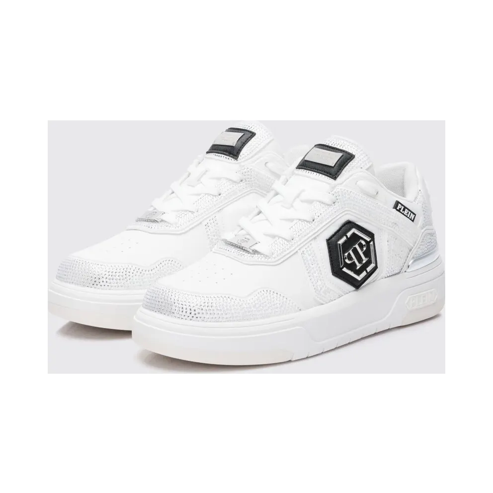 Philipp plein SK8R Leather Sneakers with Applied Rhinestones White (SAFSUSC0923PTE003N0101)