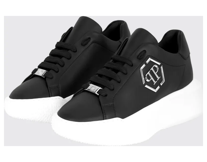Philipp plein Low-Top Leather Sneakers with Hexagon Logo and Platform Sole Black (UAFSUSC1081PLE010N02)