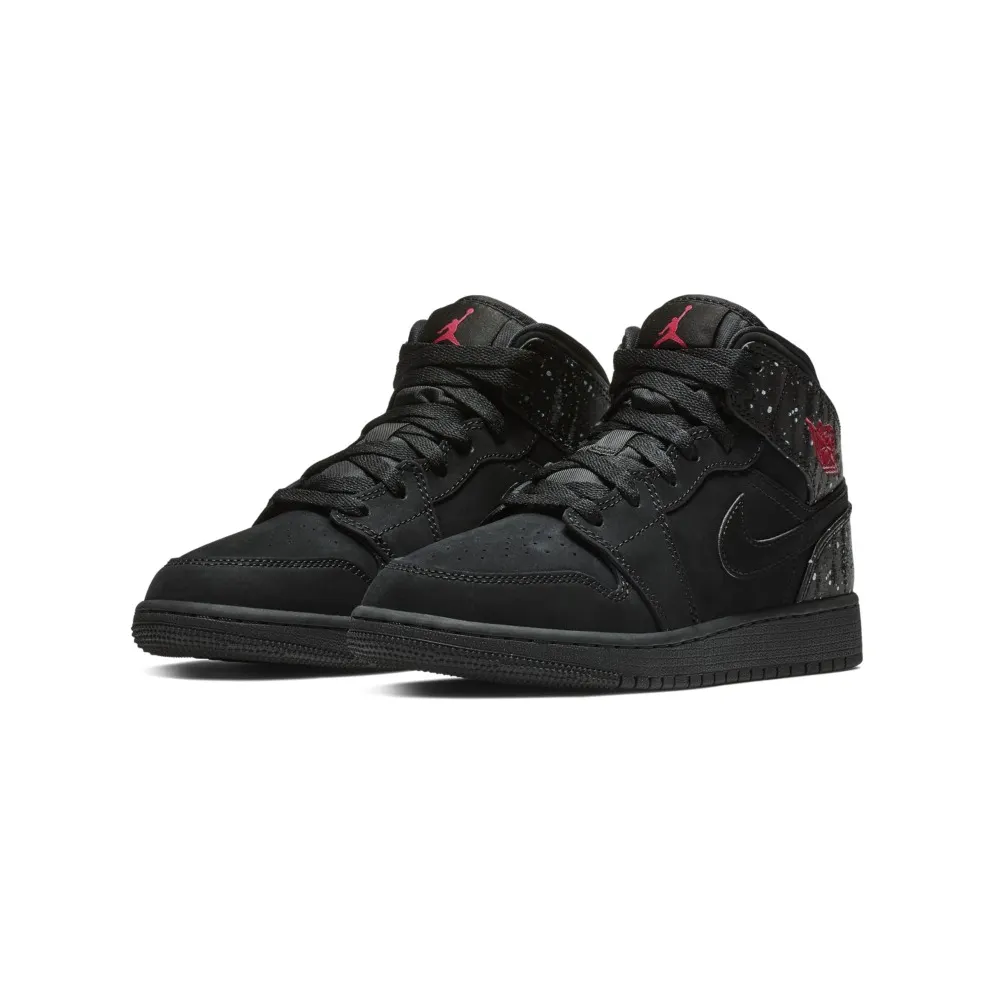 Jordan 1 Mid Black Rush Pink White Splatter (GS) Black/Rush Pink-White-Black (555112-001)